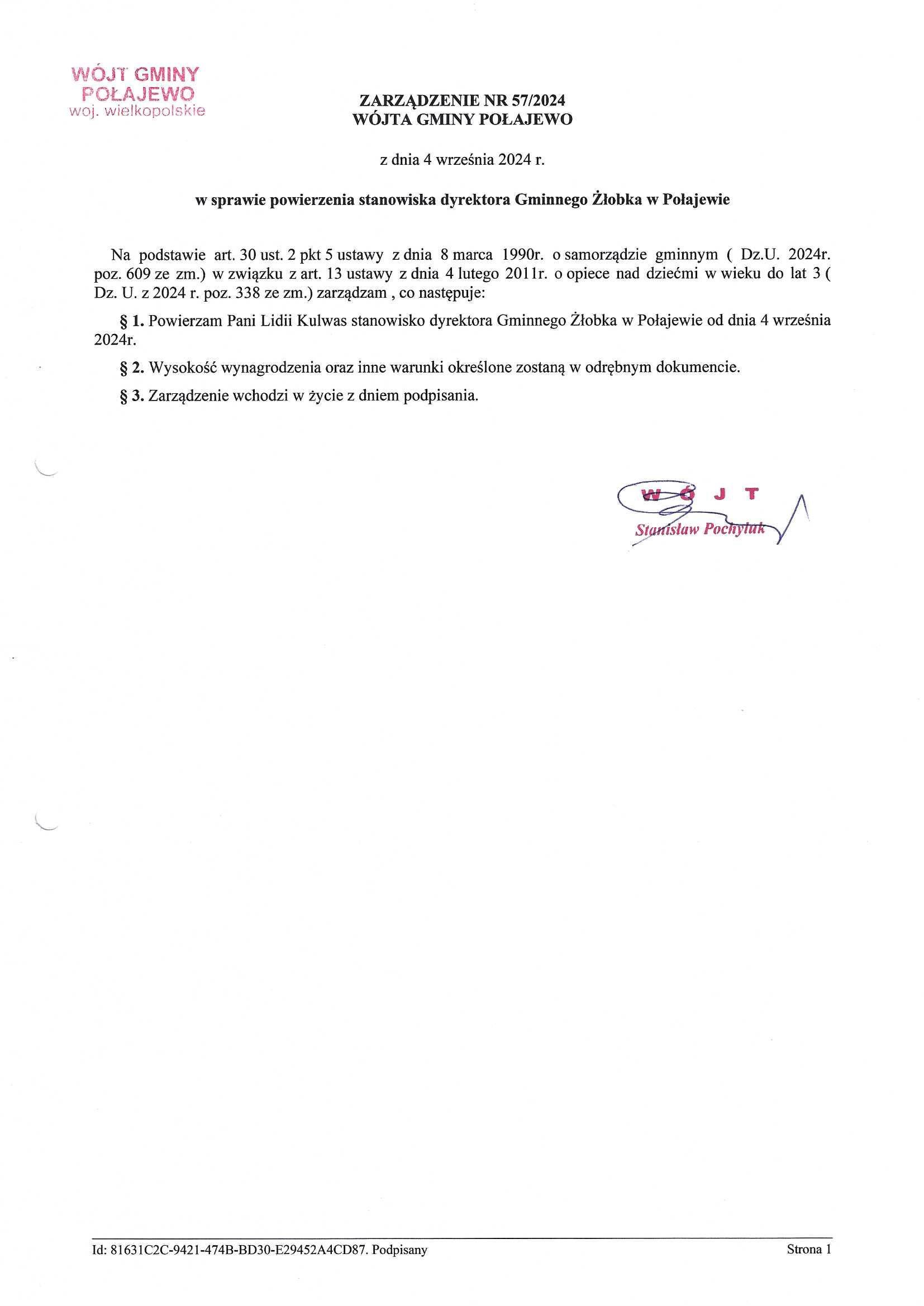 Zarządzenie w sprawie powierzenia stanowiska dyrektora Gminnego Żłobka w Połajewie.jpg